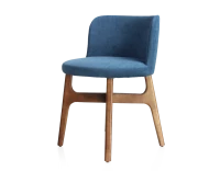 Chaise design bois teinte merisier assise tissu bleu jean