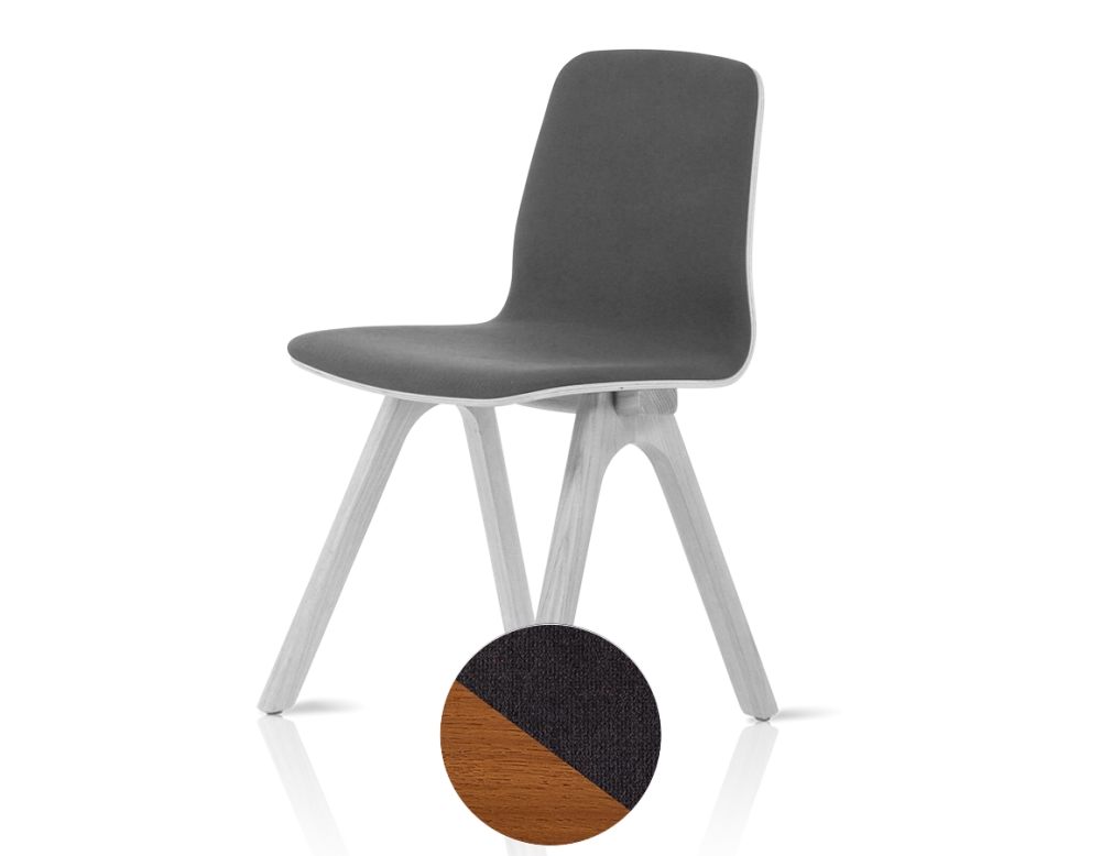 Upholstered oak designer chair cherry-stained wood, charcoal grey fabric seat Upholstered oak designer chair cherry-stained wood, charcoal grey fabric seat