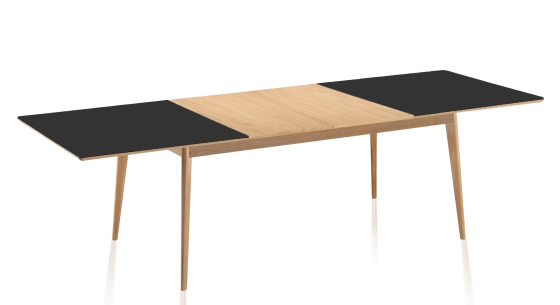 Extendable table for 6 to 12 people in oak and ceramic with wooden extensions with natural stained wood and white marble effect ceramic top 140x100 cm