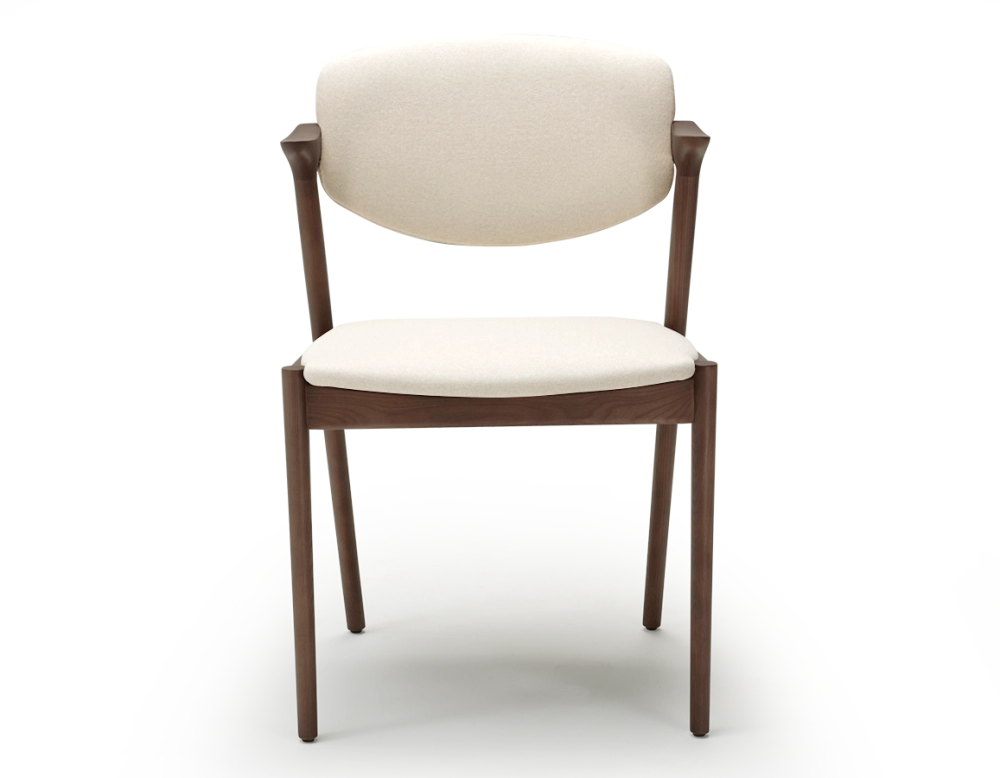 Scandinavian chair walnut-stained wood with off-white fabric seat. Scandinavian chair walnut-stained wood with off-white fabric seat.