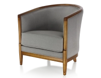 Fauteuil ancien accoudoirs moulurés bois teinte ancienne et tissu gris clair