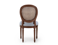 Louis XVI style antique chair dark brown stained wood with cane backrest and blue chevron fabric seat. Louis XVI style antique chair dark brown stained wood with cane backrest and blue chevron fabric seat.