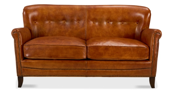 Canapé club cuir 2 places marron clair accoudoirs cloutés