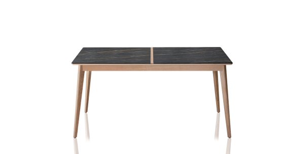 Extendable table for 8 to 12 people in oak and ceramic with wooden extensions with natural stained wood and black marble effect ceramic top 180x100 cm