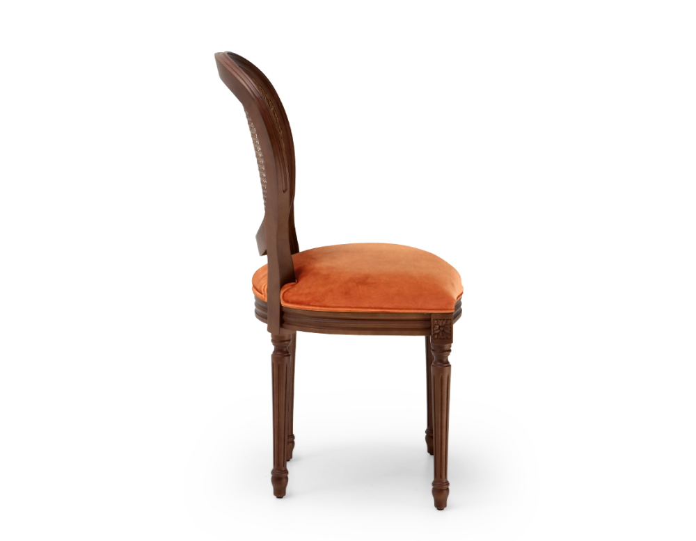 Louis XVI style antique chair dark brown stained wood with cane backrest and terracotta velvet seat. Louis XVI style antique chair dark brown stained wood with cane backrest and terracotta velvet seat.