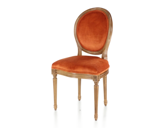 Antique Louis XVI style chair wood in antique stain and terracotta velvet fabric