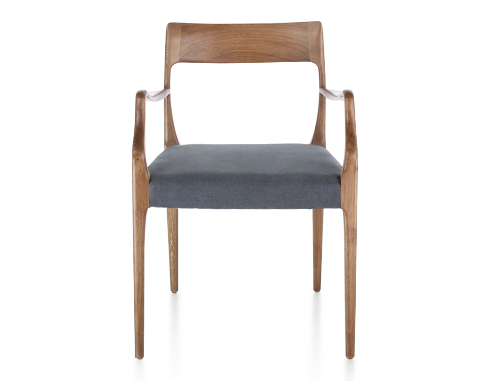 Scandinavian armchair with armrests walnut-stained wood, grey fabric seat Scandinavian armchair with armrests walnut-stained wood, grey fabric seat