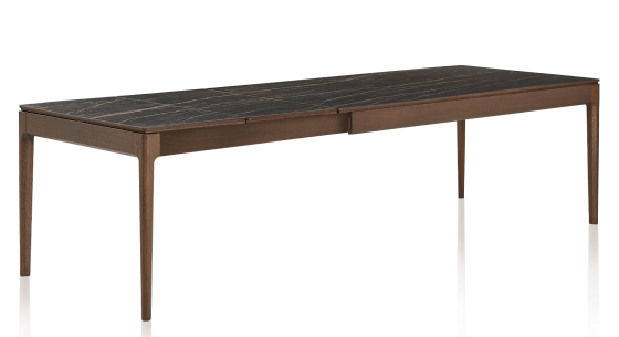Table extensible 8 à 12 personnes en chêne et céramique allonges céramique avec bois teinte marron foncé et plateau et allonges céramique effet marbre noir 160x100 cm