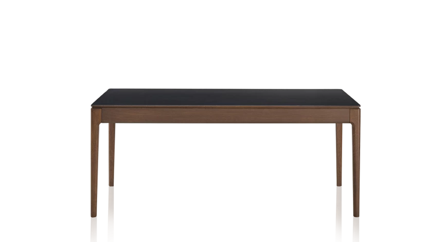 Table extensible en chêne et céramique allonges céramique avec bois teinte marron foncé et plateau et allonges céramique noire unie 140x100 cm