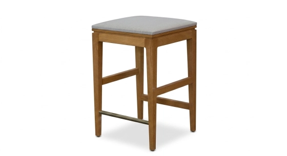 Design bar stool H80 cm natural wood finish with beige fabric seat