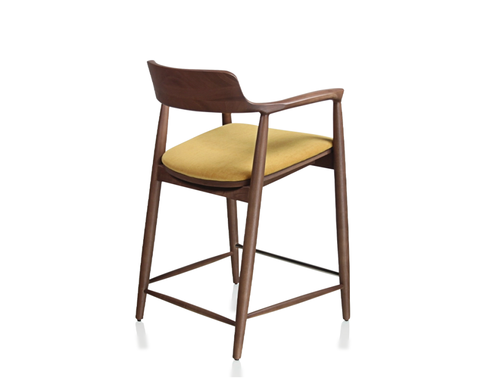 Tabouret de bar h60 cm bois teinte noyer assise tissu jaune Tabouret de bar h60 cm bois teinte noyer assise tissu jaune