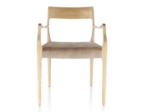 Scandinavian armchair with armrests natural stained wood, light taupe velvet seat