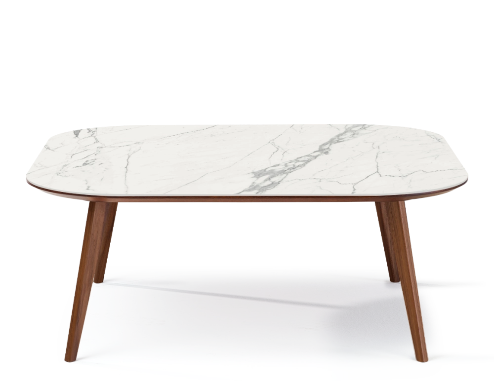 Table basse carré aux angles arrondis F2 en noyer et céramique bois teinte naturelle plateau céramique effet marbre blanc 120x120x40 cm