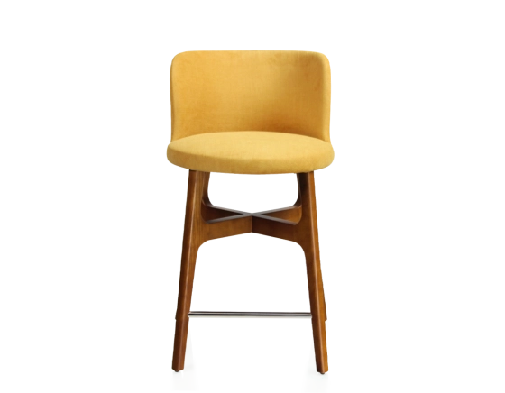 Tabouret de bar h60 cm bois teinte merisier assise tissu jaune