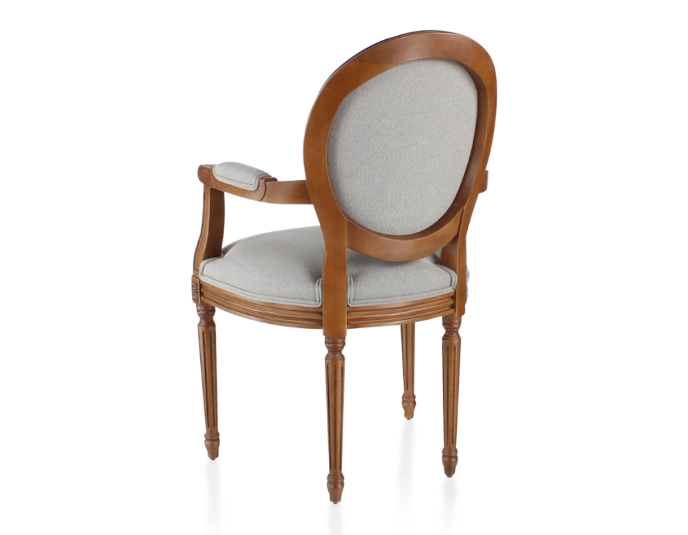 Chaise ancienne style Louis XVI avec accoudoirs bois teinte ancienne et tissu gris clair Chaise ancienne style Louis XVI avec accoudoirs bois teinte ancienne et tissu gris clair