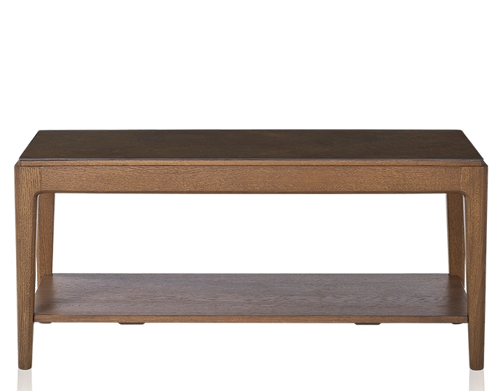 Rectangular coffee table in oak and ceramic with shelf in walnut-stained wood, oxidised brown ceramic top 100x50 cm Rectangular coffee table in oak and ceramic with shelf in walnut-stained wood, oxidised brown ceramic top 100x50 cm