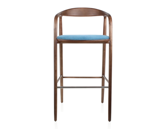 Tabouret de bar h80 cm teinte marron foncé assise tissu bleu jean bois teinte marron foncé et tissu bleu jean