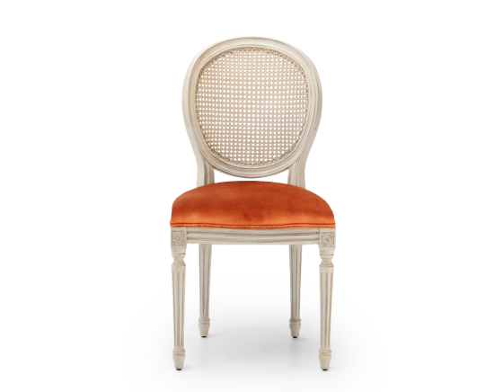 Chaise ancienne style Louis XVI bois teinte blanche cérusée dossier canné assise tissu velours terracotta