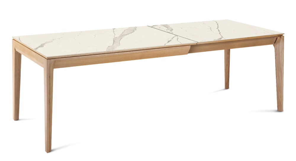 Table extensible en chêne et céramique 6 à 10 personnes allonges céramique avec bois teinte naturelle et plateau et allonges céramique effet marbre blanc 140x90 cm