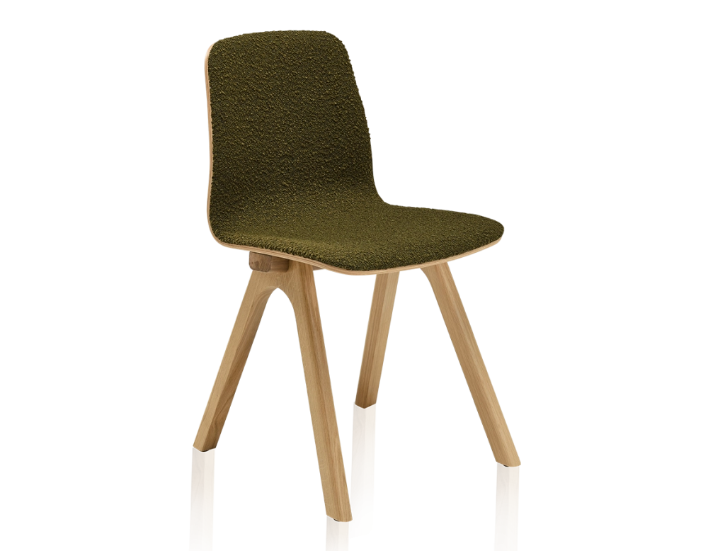 Upholstered oak designer chair natural wood stain, green boucle fabric seat Upholstered oak designer chair natural wood stain, green boucle fabric seat