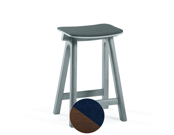 Upholstered oak bar stool H60 cm dark brown stained wood, navy blue seat