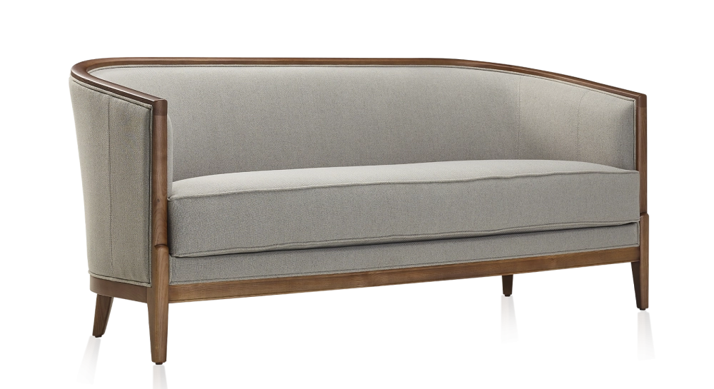 Canapé ancien 3 places bois teinte noyer et tissu gris clair Canapé ancien 3 places bois teinte noyer et tissu gris clair