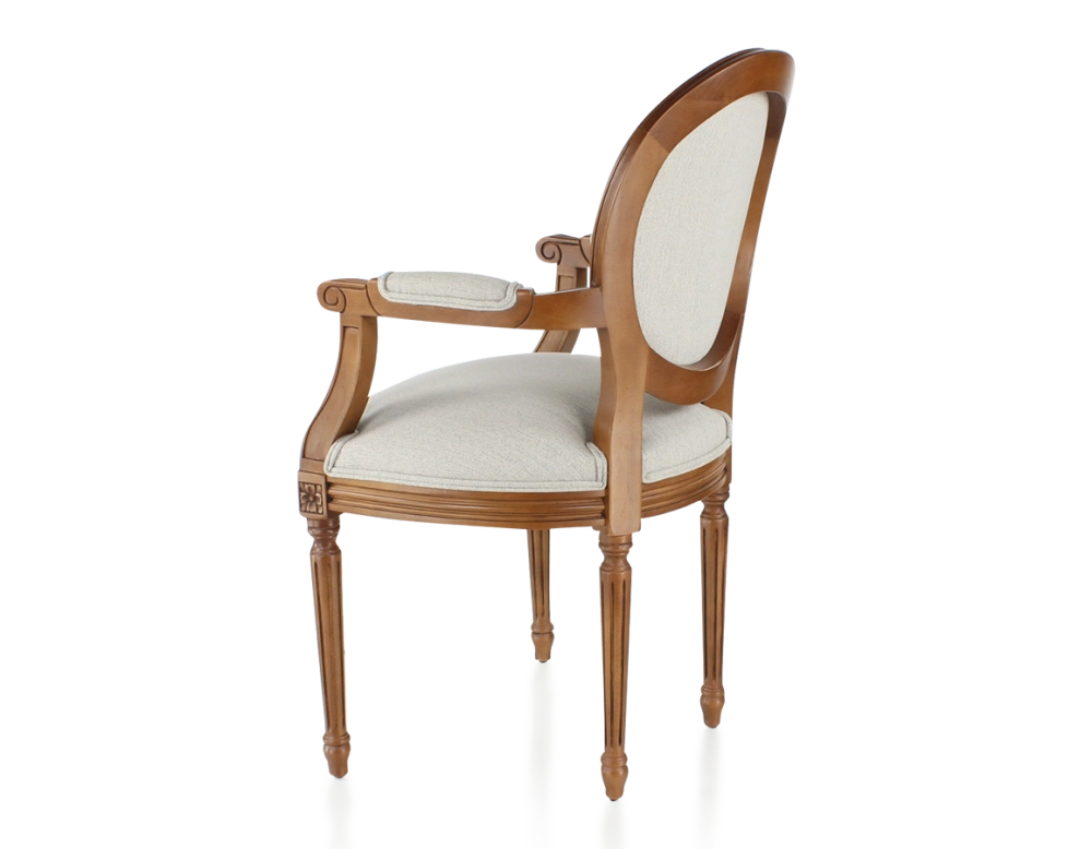 Chaise ancienne style Louis XVI avec accoudoirs bois teinte ancienne et tissu beige naturel Chaise ancienne style Louis XVI avec accoudoirs bois teinte ancienne et tissu beige naturel