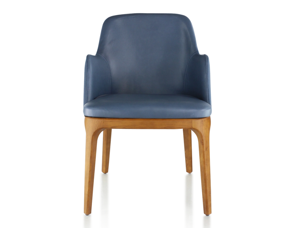 Chaise design avec accoudoirs bois teinte merisier et cuir bleu orage Chaise design avec accoudoirs bois teinte merisier et cuir bleu orage