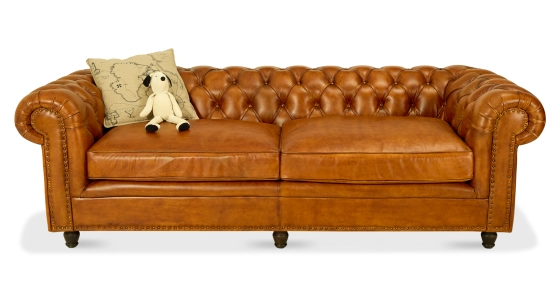 Canapé Chesterfield cuir 3 places cognac accoudoirs cloutés