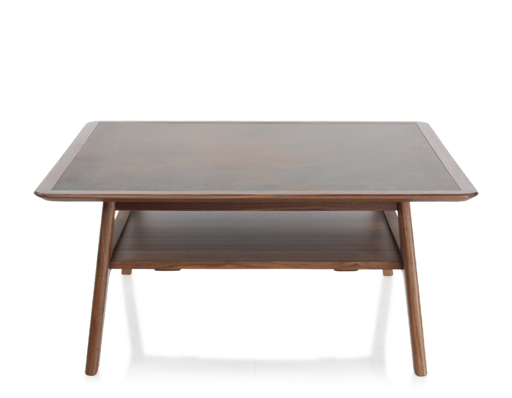 Table basse carré en noyer et céramique bois teinte naturelle plateau céramique brun oxydé 100x100 cm Table basse carré en noyer et céramique bois teinte naturelle plateau céramique brun oxydé 100x100 cm