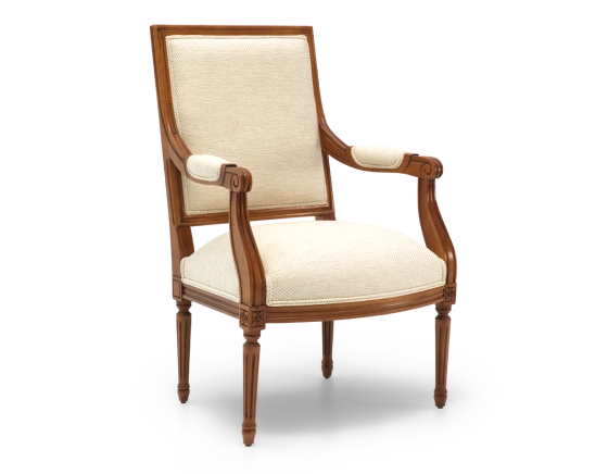 Fauteuil ancien style Louis XVI bois teinte ancienne et tissu chiné beige