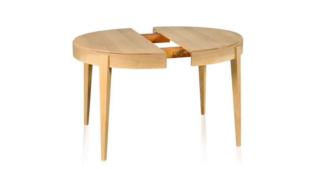 Table extensible ronde en chêne 6 à 12 personnes avec plateau et allonges en bois teinte naturelle 120 cm Table extensible ronde en chêne 6 à 12 personnes avec plateau et allonges en bois teinte naturelle 120 cm