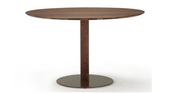Table salle à manger ronde en noyer 4 à 6 personnes teinte naturelle plateau bois 110x110