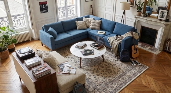 Canapé d'angle 7 places tissu bleu jean (3G - A - 3D)