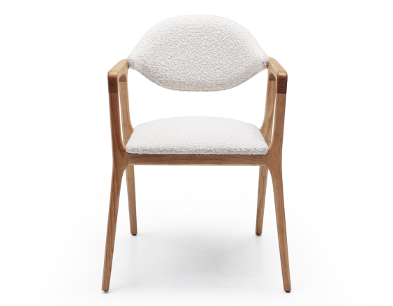 Designer armchair natural wood finish and white bouclé fabric