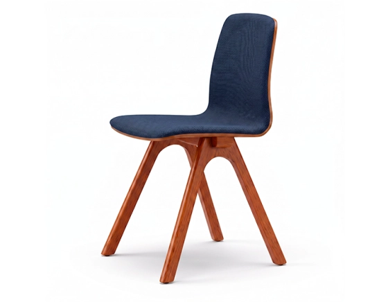 Upholstered oak designer chair cherry-stained wood, navy blue fabric seat