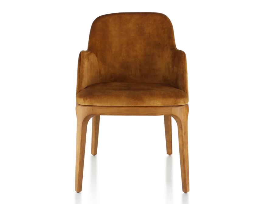 Chaise design avec accoudoirs bois teinte merisier et tissu velours bronze
