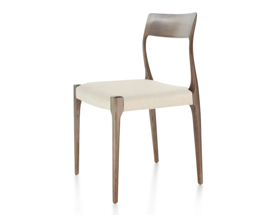 Scandinavian chair dark brown stained wood, beige chevron fabric seat