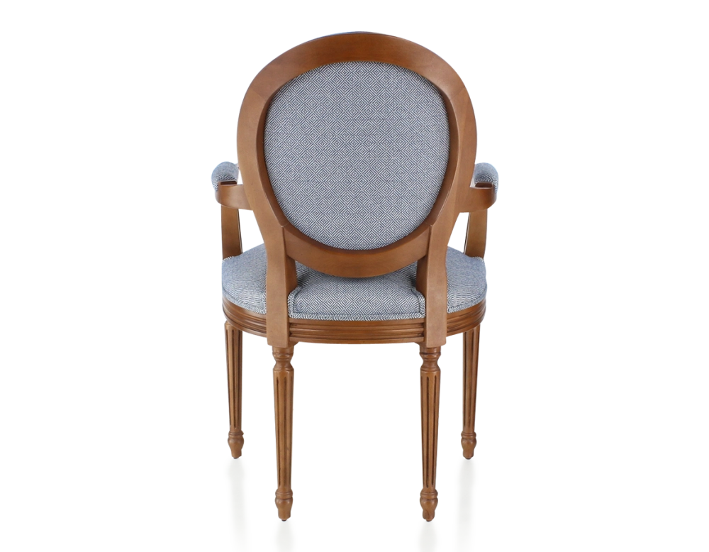 Antique Louis XVI style armchair with armrests aged wood stain and blue chevron fabric Antique Louis XVI style armchair with armrests aged wood stain and blue chevron fabric