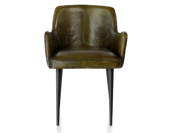 Chaise vintage avec accoudoirs cuir vert olive - pieds noirs