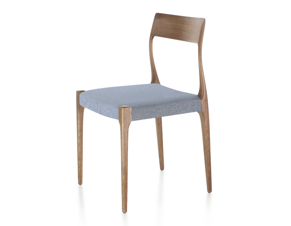 Scandinavian chair walnut-stained wood, blue chevron fabric seat Scandinavian chair walnut-stained wood, blue chevron fabric seat
