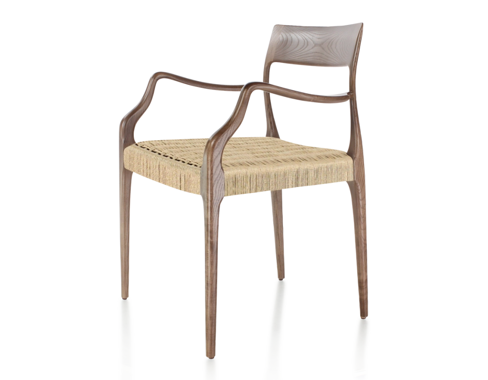 Chaise scandinave avec accoudoirs bois teinte marron foncé assise corde Chaise scandinave avec accoudoirs bois teinte marron foncé assise corde