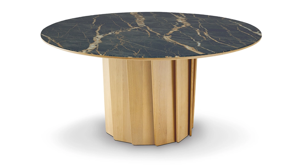 Round dining table in oak and ceramic for 6 people with natural stained wood and black marble effect ceramic top 120 cm Round dining table in oak and ceramic for 6 people with natural stained wood and black marble effect ceramic top 120 cm