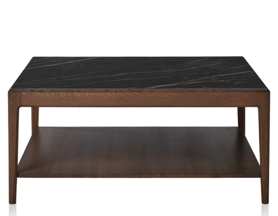 Table basse carrée en chêne et céramique avec tablette en bois teinte marron foncé plateau céramique effet marbre noir 100x100 cm