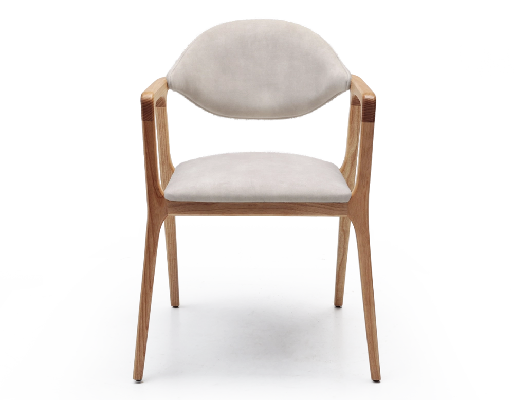 Designer armchair natural wood finish and sand velvet fabric Designer armchair natural wood finish and sand velvet fabric
