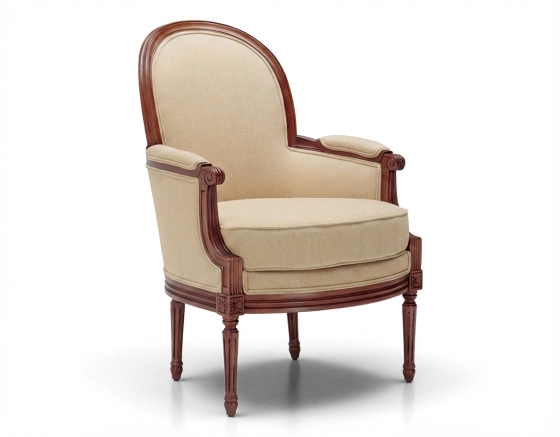 Sillón bergère moldurado estilo Luis XVI bois teinte ancienne et tissu crème