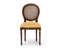 Louis XVI style antique chair dark brown stained wood with cane backrest and yellow fabric seat. Louis XVI style antique chair dark brown stained wood with cane backrest and yellow fabric seat.