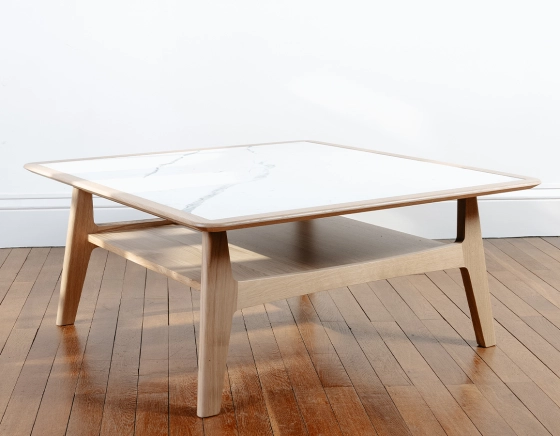 Square coffee table in oak and ceramic with natural tint wood white marble effect ceramic top 100x100 cm