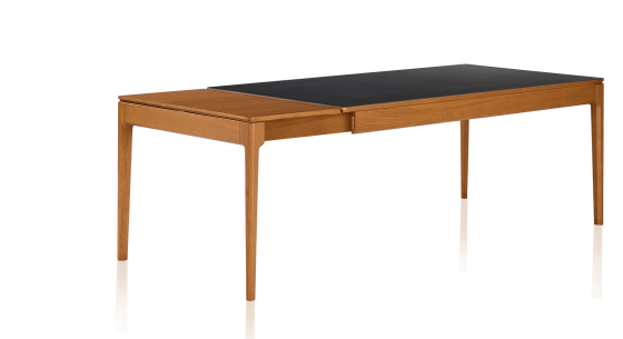 Extendable table for 6 to 10 people in oak and ceramic with wooden extensions with cherry-stained wood and plain black ceramic top 140x90 cm