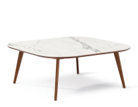 Table basse carré aux angles arrondis F2 en noyer et céramique bois teinte naturelle plateau céramique effet marbre blanc 120x120x40 cm